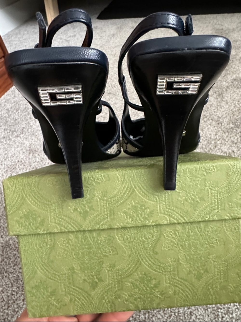 Gucci Beige and Blue GG Canvas and Leather Crystal Embellished Slingback Heels - Picture 4 of 5